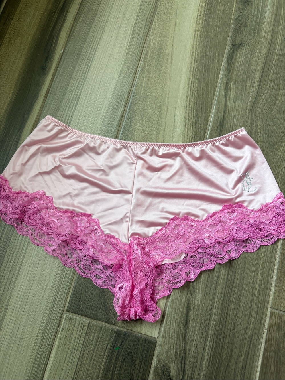 Juicy Couture Light Pink Satin Boyshorts with Hot Pink Lace Trim